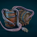 Cartoon Scene With Wooden Barrels And Purple Curled Tentacles Creature