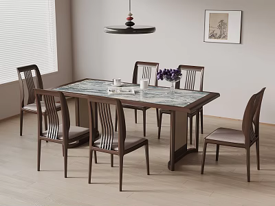 Elegant Dining Room With Wooden Table Six Chairs Marble Top Flower Vase And Pendant Light 3d model