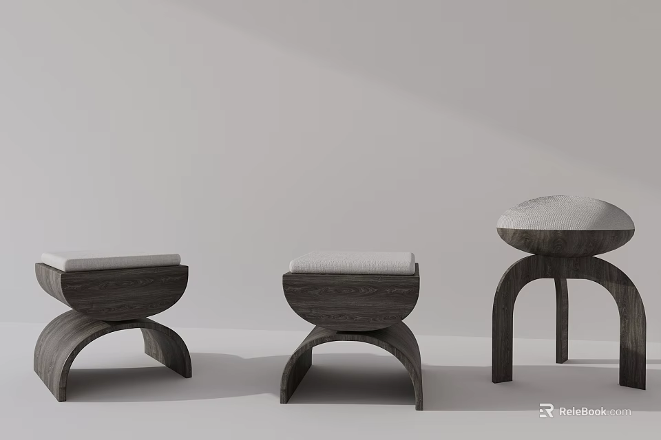 Three Modern Wooden Stools With Upholstered Seats And Unique Curved Leg Designs 3d model 