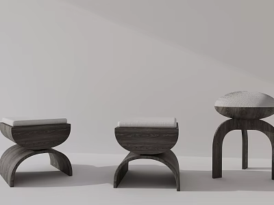 Three Modern Wooden Stools With Upholstered Seats And Unique Curved Leg Designs 3d model