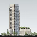 Modern High Rise Hotel Building With Glass Curtain Wall Green Roof And Low Rise Section