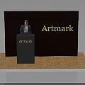 Artmark Presentation Podium With Person Standing Behind Dark Backdrop And Wooden Floor