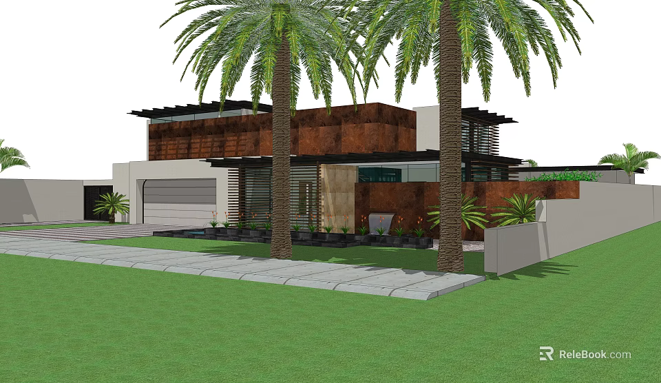Modern Detached House Exterior With Palm Trees Green Lawn And Garage 3d model 