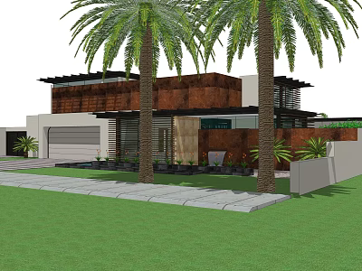 Modern Detached House Exterior With Palm Trees Green Lawn And Garage 3d model
