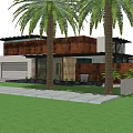 Modern Detached House Exterior With Palm Trees Green Lawn And Garage