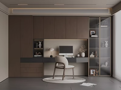 Modern Study Room Interior With Dark Wooden Cabinets Desk Computer Table Lamp And Display Cabinet 3d model