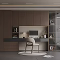Modern Study Room Interior With Dark Wooden Cabinets Desk Computer Table Lamp And Display Cabinet