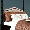 Elegant Four Poster Double Bed With Light Upholstered Headboard Dark Wooden Posts And Brown Quilt