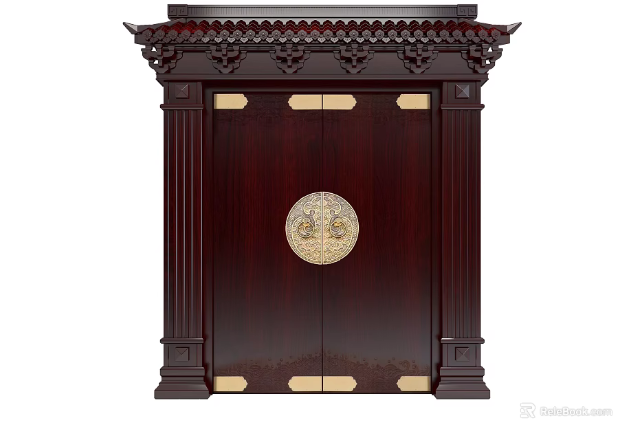 Traditional Chinese Entrance Gate with Dark Red Wood Panels Golden Accents and Circular Door Knocker 3d model 