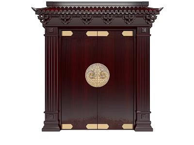 Traditional Chinese Entrance Gate with Dark Red Wood Panels Golden Accents and Circular Door Knocker 3d model