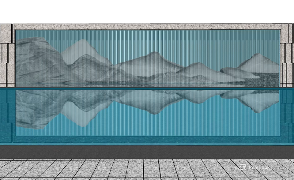 Blue Textured Feature Wall With Mountain Pattern And Water Reflection 3d model