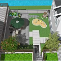 Beautiful Courtyard Garden Design With Outdoor Seating White Umbrella And Lush Green Plants