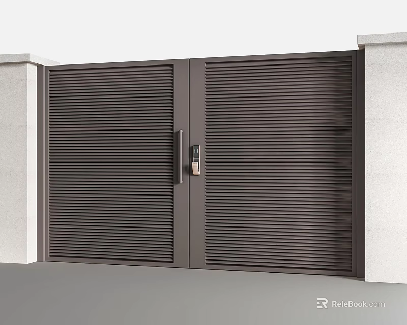 Modern Dark Colored Entrance Gate With Double Doors Vertical Slat Design And White Pillars 3d model 