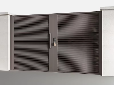 Modern Dark Colored Entrance Gate With Double Doors Vertical Slat Design And White Pillars 3d model