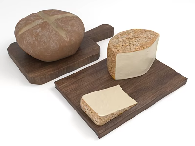 Round Cross Shaped Bread and Cheese Block with Slice on Wooden Cutting Boards 3d model
