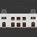 Traditional White Building With Gray Roof Decorative Towers And Brown Framed Windows