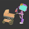 Purple Robot With Green Screen Head Pushing Orange Baby Stroller And Red Bottle