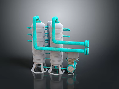 Industrial Equipment Featuring White Cylindrical Tanks Blue Connecting Pipes And Supports 3d model