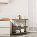Iron Storage Rack In Modern Kitchen With Microwave Pots Fruits