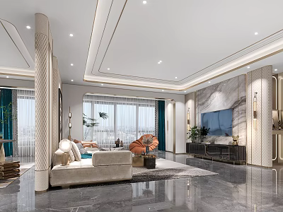 Modern Living and Dining Room Interior With Marble TV Wall Large Windows Sofa And Rug 3d model