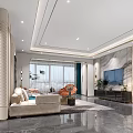 Modern Living and Dining Room Interior With Marble TV Wall Large Windows Sofa And Rug