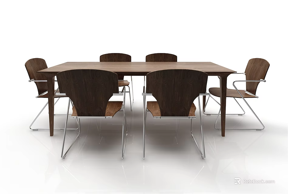 Modern Wooden Dining Table Set With Six Chairs Metal Legs And Wooden Backs 3d model 