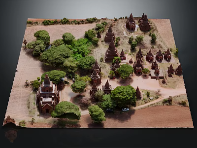 Historical Towers Surrounded by Lush Green Trees and Open Rural Land 3d model