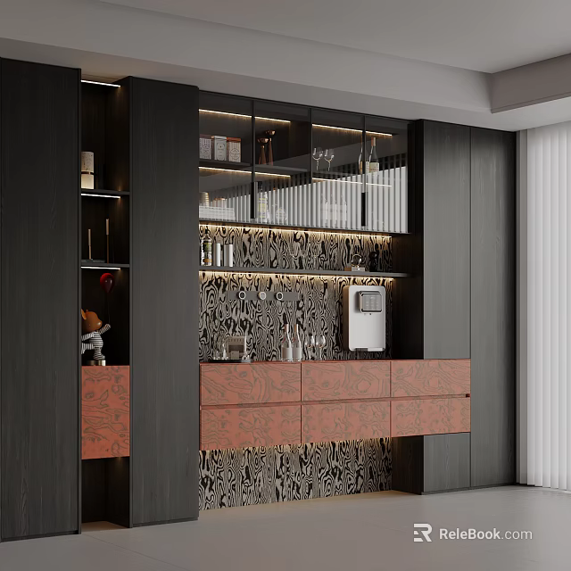 Modern Wine Cabinet Design With Glass Doors LED Lighting And Wallpaper Background 3d model 