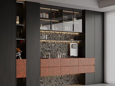 Modern Wine Cabinet Design With Glass Doors LED Lighting And Wallpaper Background 3d model