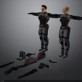 3D Rendering Of Two Human Characters In Armored Tech Suits With Scattered Gear
