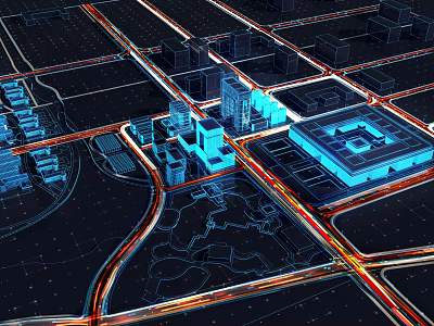 Architectural bird's eye view of science and technology city wireframe real estate wireframe night view 3d model