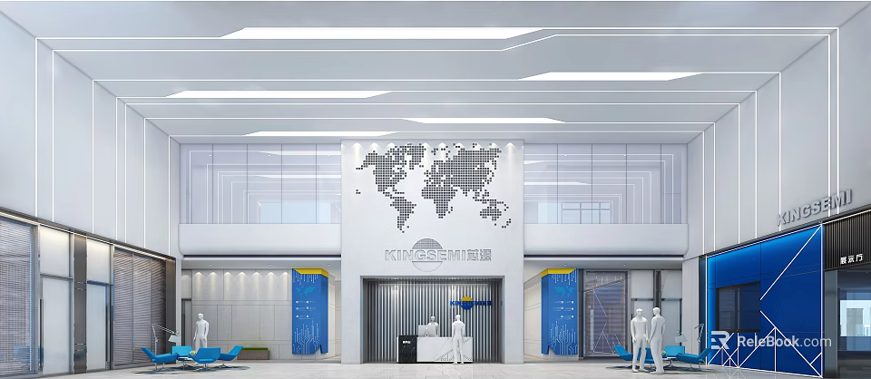 Modern Reception Desk in Lobby with World Map Wall Glass Curtain and Blue Decorations 3d model 