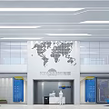 Modern Reception Desk in Lobby with World Map Wall Glass Curtain and Blue Decorations