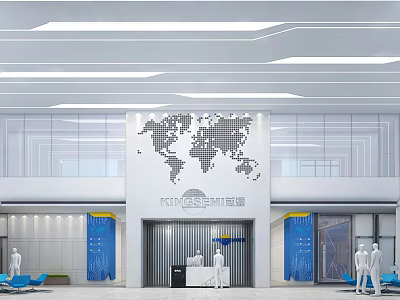 Modern Reception Desk in Lobby with World Map Wall Glass Curtain and Blue Decorations 3d model