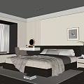 Modern Bedroom Interior Design With Large Bed Plush Blanket Dark Headboard And Decorative Painting