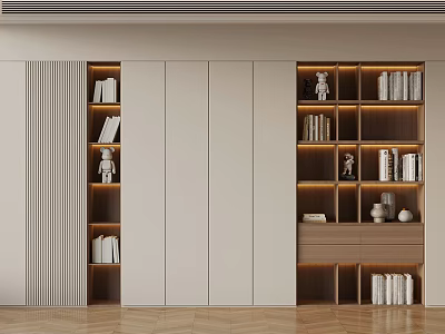 Modern Interior Design Featuring Wooden Bookshelf Storage Cabinet Decorative Items And Lighting 3d model