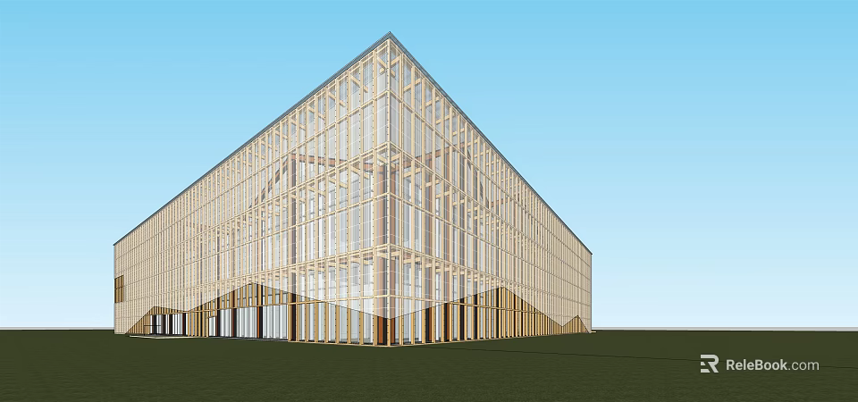 Modern Sales Office Building With Glass Facade Wooden Frame And Geometric Exterior Design 3d model 