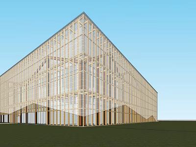 Modern Sales Office Building With Glass Facade Wooden Frame And Geometric Exterior Design 3d model