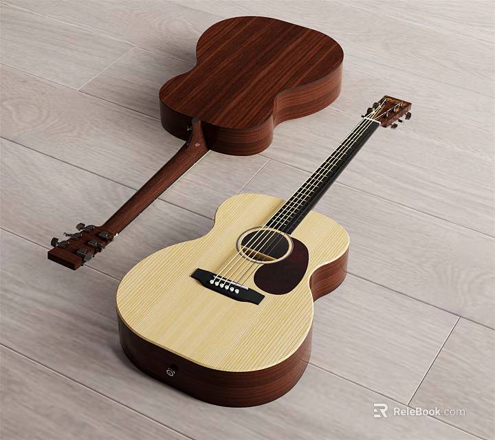 Two Acoustic Wooden Guitars Placed On Light Gray Wooden Floor For Musical Instrument 3d model 