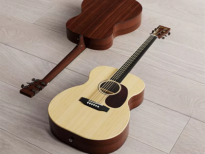 Two Acoustic Wooden Guitars Placed On Light Gray Wooden Floor For Musical Instrument 3d model
