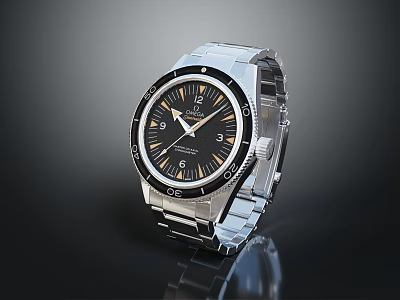 Luxury Watch With Silver Stainless Steel Band Black Dial Gold Hands And Reflective Surface 3d model