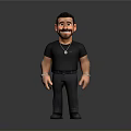 3D Man Character in Black T-Shirt Pants with Silver Necklace Bracelets Short Hair Gray Background
