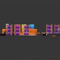 Vibrant Cartoon Factory Scene with Colorful Containers Orange Machinery and Purple Shelves
