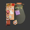 Cartoon Style Room Scene With Red Bookshelf Desk Chair And Decorative Items