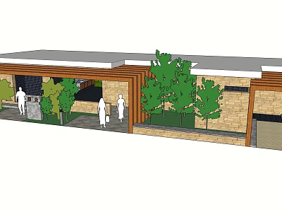 Outdoor Entrance Area With Wooden Structure Stone Walls Trees And People Walking 3d model
