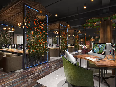 Modern Internet Cafe With Wooden Elements Green Plants Computers Comfortable Tables Chairs and Warm Lighting 3d model