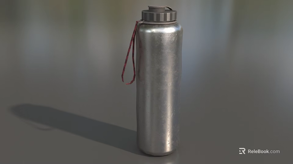 Silver Stainless Steel Water Bottle With Red Strap Handle And Metallic Finish 3d model 