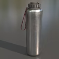 Silver Stainless Steel Water Bottle With Red Strap Handle And Metallic Finish