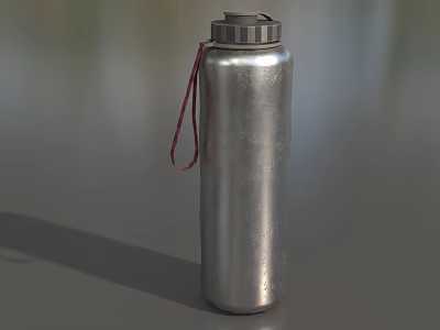 Silver Stainless Steel Water Bottle With Red Strap Handle And Metallic Finish 3d model