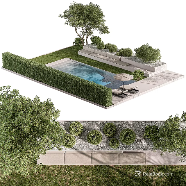 Modern Garden Landscape Design With Rectangular Pool Trimmed Hedge Lounge Chairs And Trees 3d model 